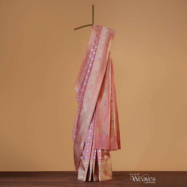 Blush Pink Banarasi Silk Saree In Kadhva Weave With Unstitched Blouse