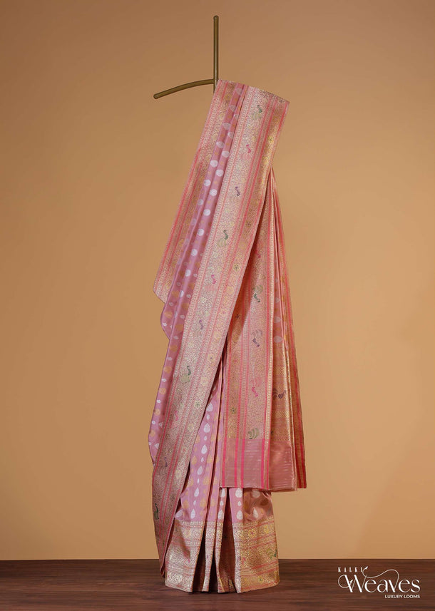 Blush Pink Banarasi Silk Saree In Kadhva Weave With Unstitched Blouse