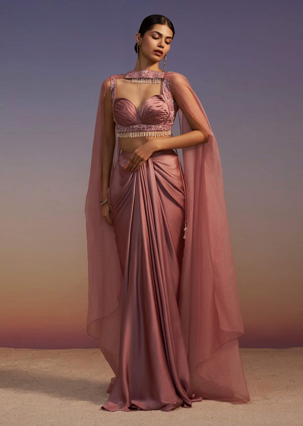 Blush Pink Drape Skirt Set With Embroidered Choker Dupatta