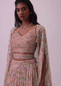 Blush Pink Embroidered Lehenga And Blouse Set In Organza