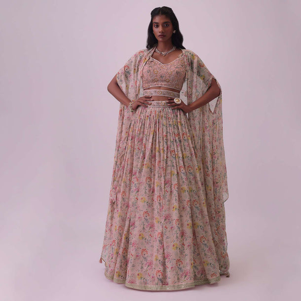 Blush Pink Embroidered Lehenga And Blouse Set In Organza