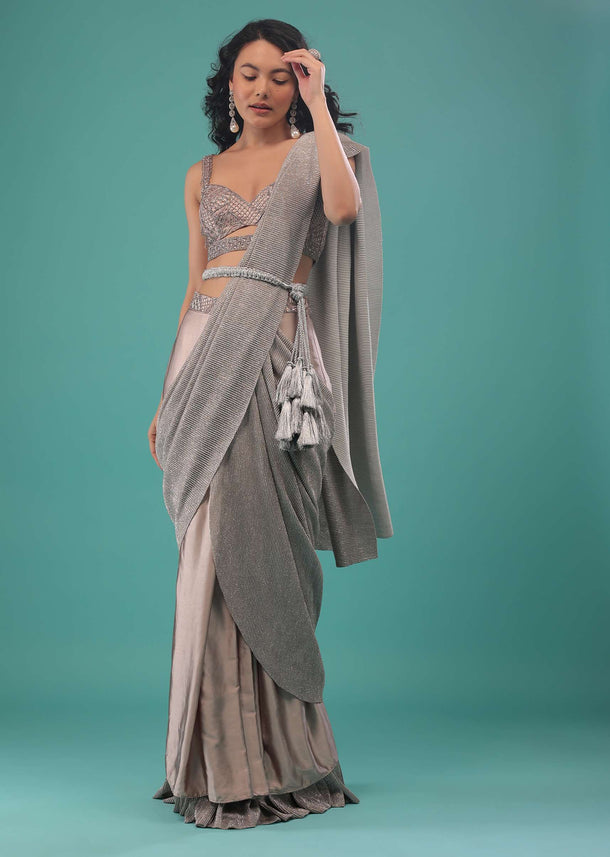 Blush Pink Embroidered Ready-Pleated Saree In Shimmer Crush And Satin