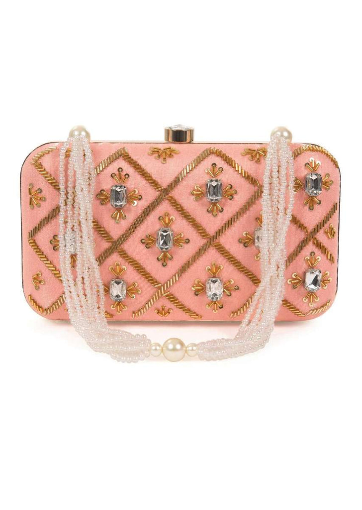 Blush pink hand embroidered capsule clutch