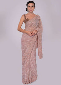 Blush pink hand sequins embroidered saree with spring work border