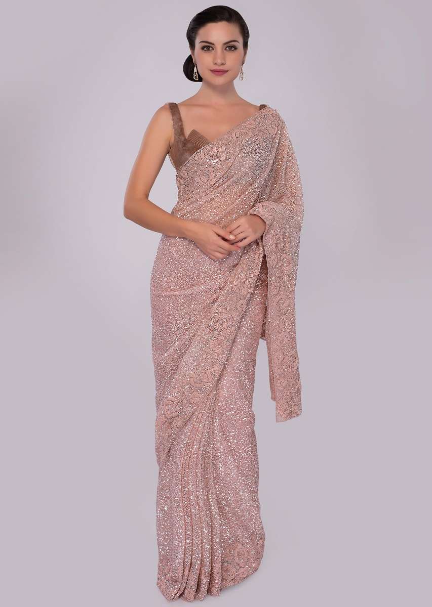 Blush pink hand sequins embroidered saree with spring work border