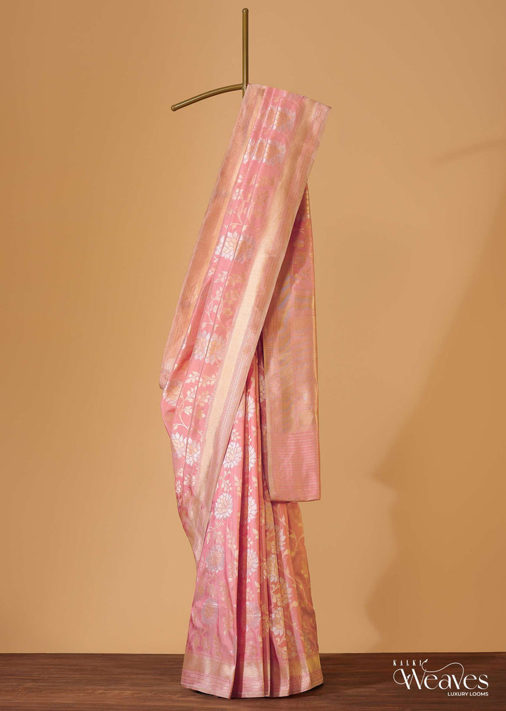 Blush Pink Handloom Banarasi Saree In Uppada Silk With Silver-Gold Weave And Unstitched Blouse