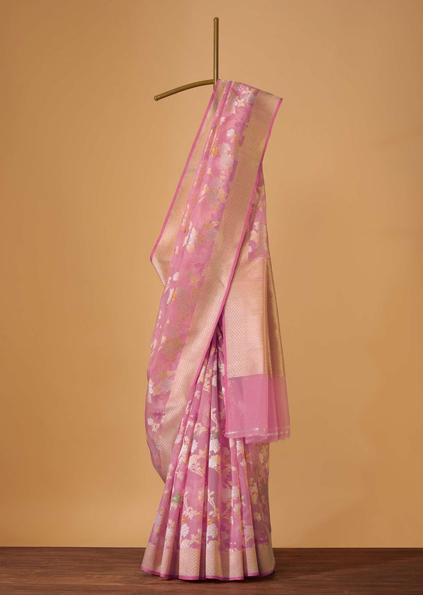 Blush Pink Handloom Banarasi Saree In Kora Silk With Unstitched Blouse