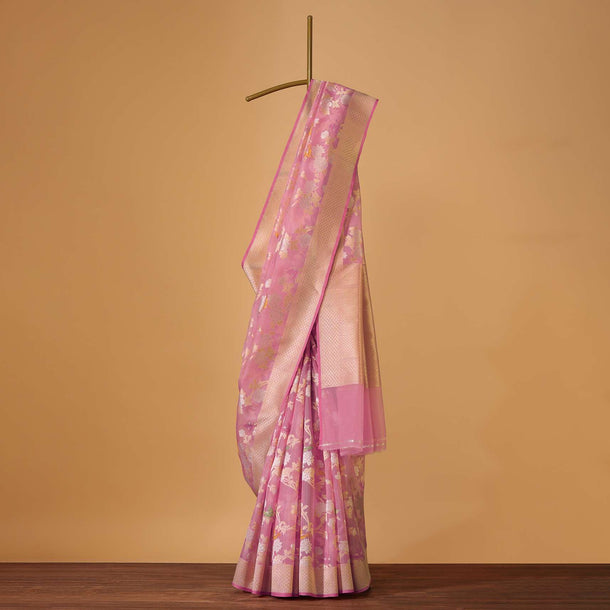 Blush Pink Handloom Banarasi Saree In Kora Silk With Unstitched Blouse