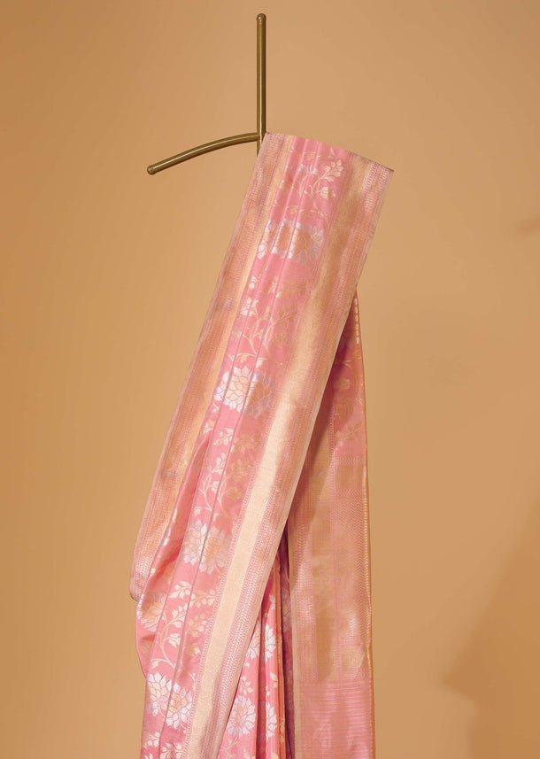 Blush Pink Handloom Banarasi Saree In Uppada Silk With Silver-Gold Weave And Unstitched Blouse