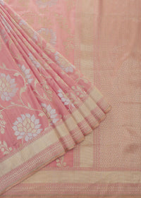 Blush Pink Handloom Banarasi Saree In Uppada Silk With Silver-Gold Weave And Unstitched Blouse