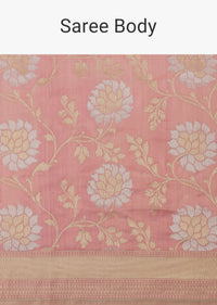 Blush Pink Handloom Banarasi Saree In Uppada Silk With Silver-Gold Weave And Unstitched Blouse