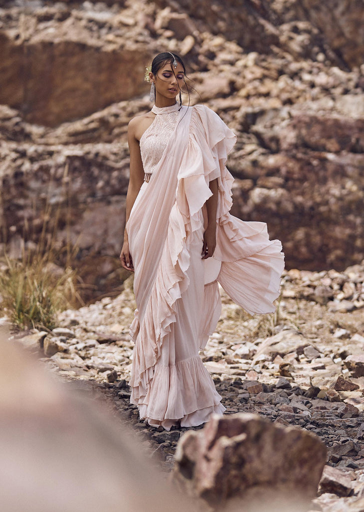 Blush Pink Pre-draped Frill Saree With Blouse