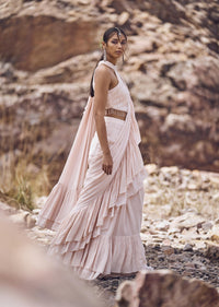 Blush Pink Pre-draped Frill Saree With Blouse