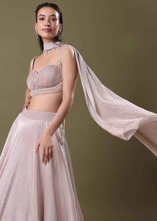 Blush Pink Pre-Pleated Frill Lehenga With TieUp Blouse And Choker Dupatta