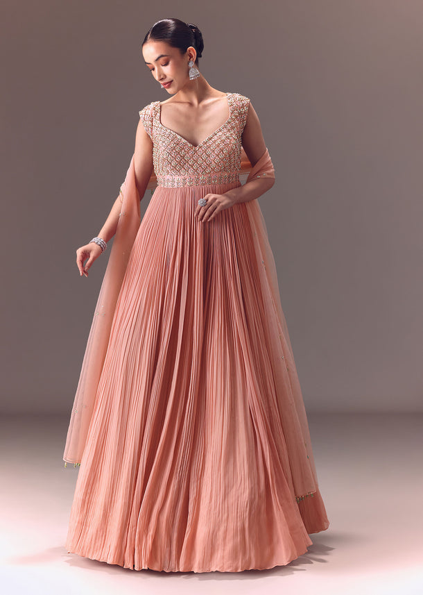 Blush Pink Ruched Anarkali Gown With Dupatta