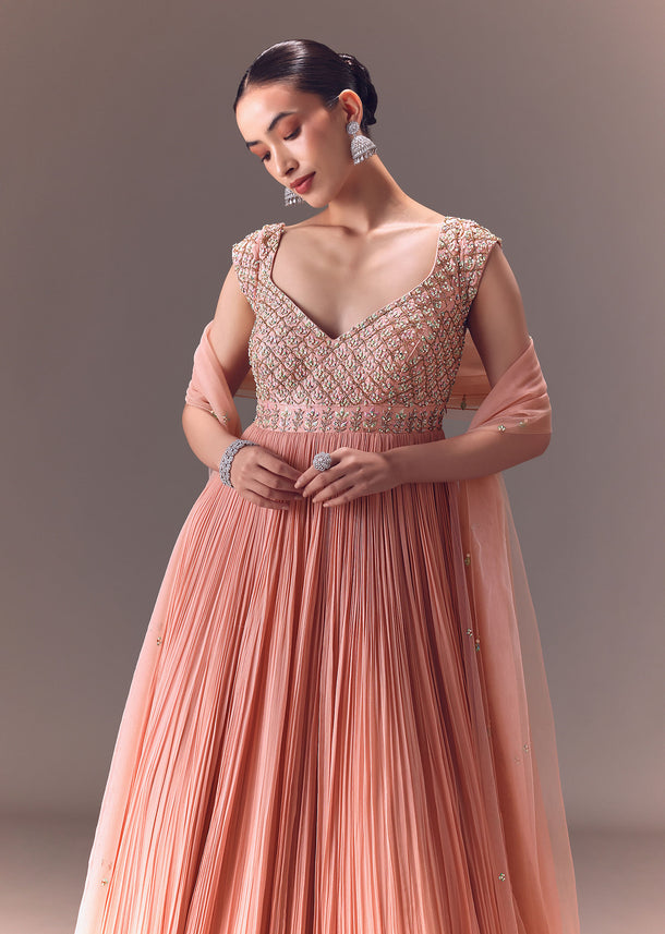 Blush Pink Ruched Anarkali Gown With Dupatta