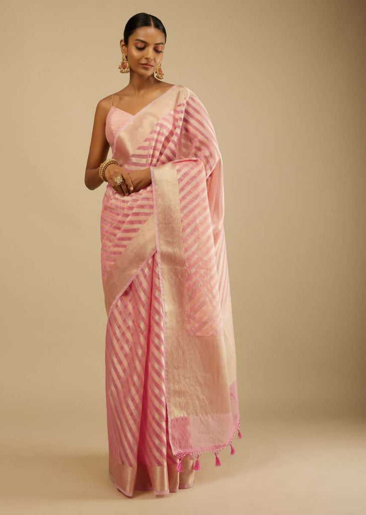 Blush Pink Saree In Organza Silk With Brocade Woven Diagonal Striped Design And Unstitched Blouse