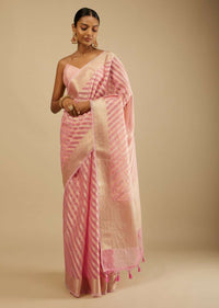 Blush Pink Saree In Organza Silk With Brocade Woven Diagonal Striped Design And Unstitched Blouse