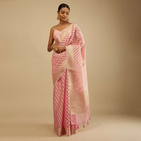 Blush Pink Saree In Organza Silk With Brocade Woven Diagonal Striped Design And Unstitched Blouse