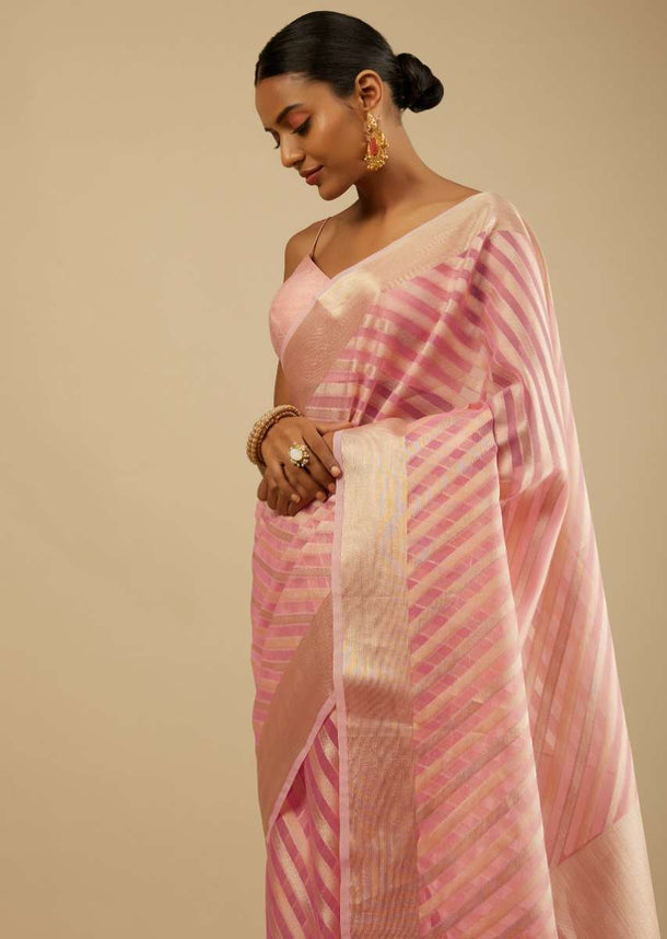 Blush Pink Saree In Organza Silk With Brocade Woven Diagonal Striped Design And Unstitched Blouse