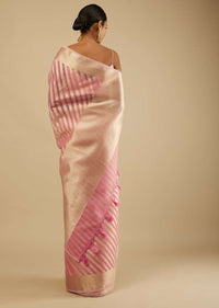 Blush Pink Saree In Organza Silk With Brocade Woven Diagonal Striped Design And Unstitched Blouse