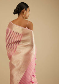 Blush Pink Saree In Organza Silk With Brocade Woven Diagonal Striped Design And Unstitched Blouse