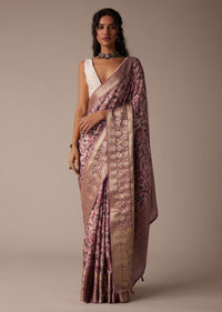Blush Pink Saree In Tussar With Block Print And Zari Border