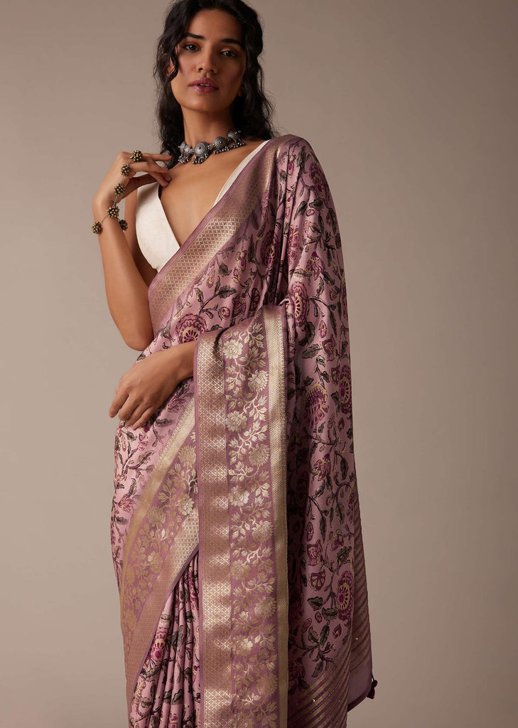 Blush Pink Saree In Tussar With Block Print And Zari Border