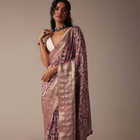 Blush Pink Saree In Tussar With Block Print And Zari Border