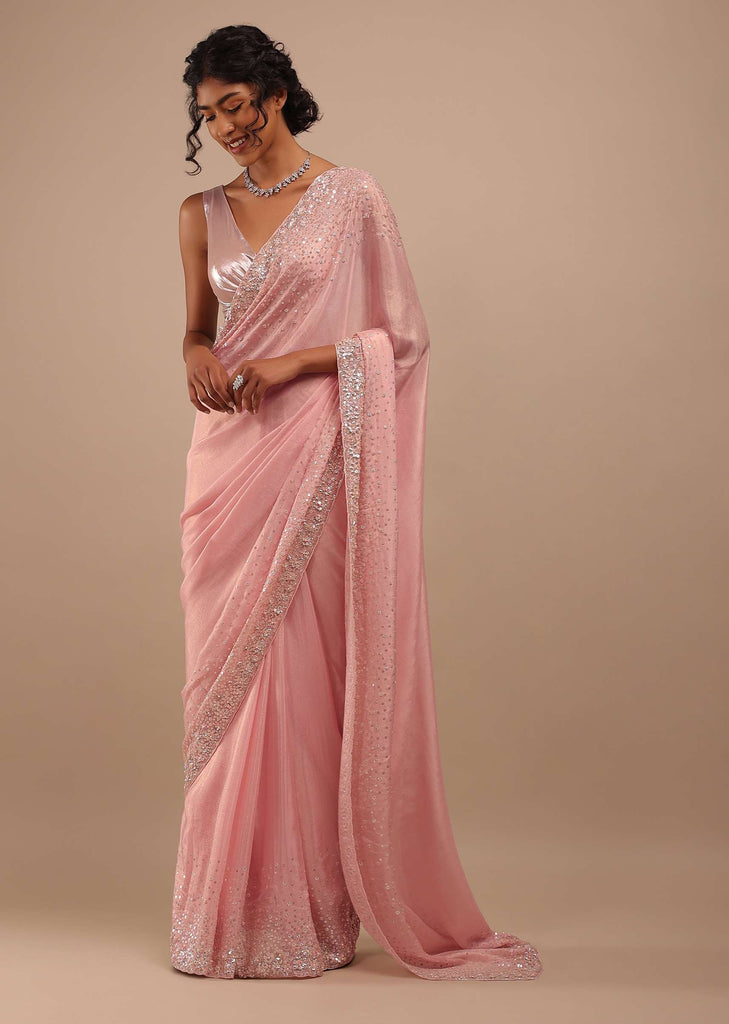 Blush Pink Sequins Saree In Shimmer In 3D Petals And Cut Dana Floral Buttis Embroidery