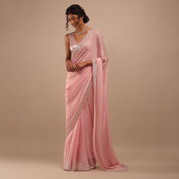 Blush Pink Sequins Saree In Shimmer In 3D Petals And Cut Dana Floral Buttis Embroidery