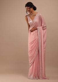 Blush Pink Sequins Saree In Shimmer In 3D Petals And Cut Dana Floral Buttis Embroidery