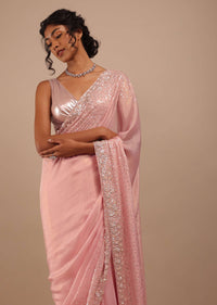 Blush Pink Sequins Saree In Shimmer In 3D Petals And Cut Dana Floral Buttis Embroidery