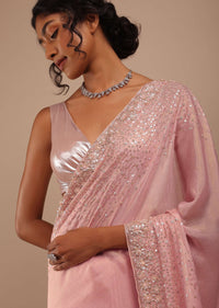 Blush Pink Sequins Saree In Shimmer In 3D Petals And Cut Dana Floral Buttis Embroidery