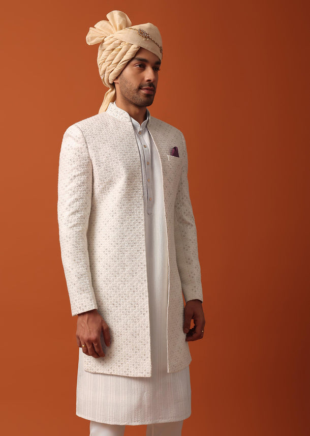Blush Pink Sherwani Adorned with Intricate Embroidery All Over