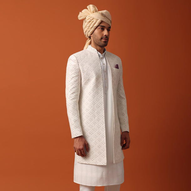 Blush Pink Sherwani Adorned with Intricate Embroidery All Over