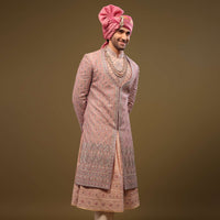 Blush Pink Thread Embroidered Silk Sherwani Set In Cut-dana and Zardosi