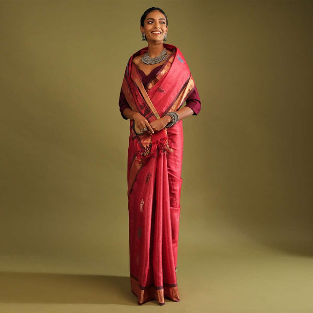 Blush Red Saree In Tussar Silk With Multi Colored Thread Embroidered Folk Design On The Pallu