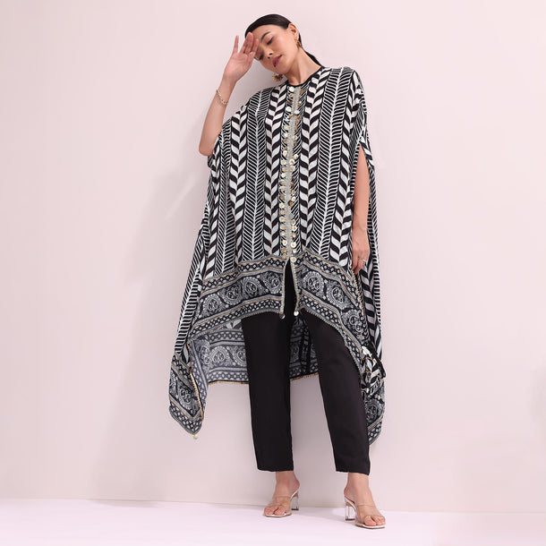 Boho Style Printed Black Kurta Pant Set With Matching Potali