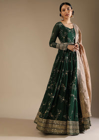 Bottle Green Anarkali Suit In Silk With Zari And Sequins Embroidered Floral Jaal And A Beige Organza Dupatta