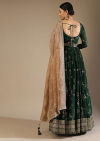 Bottle Green Anarkali Suit In Silk With Zari And Sequins Embroidered Floral Jaal And A Beige Organza Dupatta