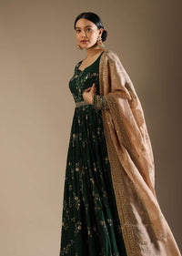 Bottle Green Anarkali Suit In Silk With Zari And Sequins Embroidered Floral Jaal And A Beige Organza Dupatta