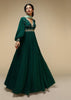 Bottle Green Anarkali Suit With Balloon Sleeves And Hand Embroidered Buttis Using Multi Colored Sequins And Beads