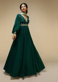 Bottle Green Anarkali Suit With Balloon Sleeves And Hand Embroidered Buttis Using Multi Colored Sequins And Beads