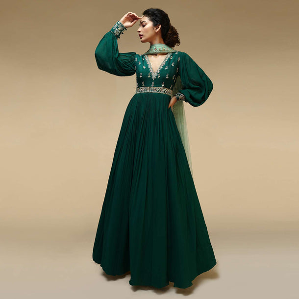 Bottle Green Anarkali Suit With Balloon Sleeves And Hand Embroidered Buttis Using Multi Colored Sequins And Beads