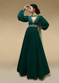 Bottle Green Anarkali Suit With Balloon Sleeves And Hand Embroidered Buttis Using Multi Colored Sequins And Beads