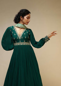 Bottle Green Anarkali Suit With Balloon Sleeves And Hand Embroidered Buttis Using Multi Colored Sequins And Beads