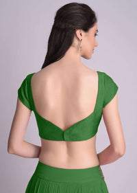 Bottle Green Blouse In Raw Silk With Sweet Heart Neckline