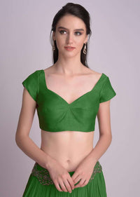 Bottle Green Blouse In Raw Silk With Sweet Heart Neckline