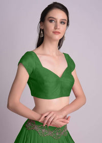 Bottle Green Blouse In Raw Silk With Sweet Heart Neckline